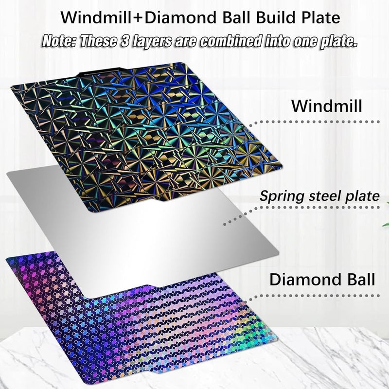 Wefuit Smooth Holographic Build Plate for Bambu Lab P2S/X1/X1C/X1E/P1P/P1S/A1,257x257mm Diamond Ball+Windmill Flexible Spring Steel Print Bed Removable Platform for Bambus 3D Printing Platform - Image 5